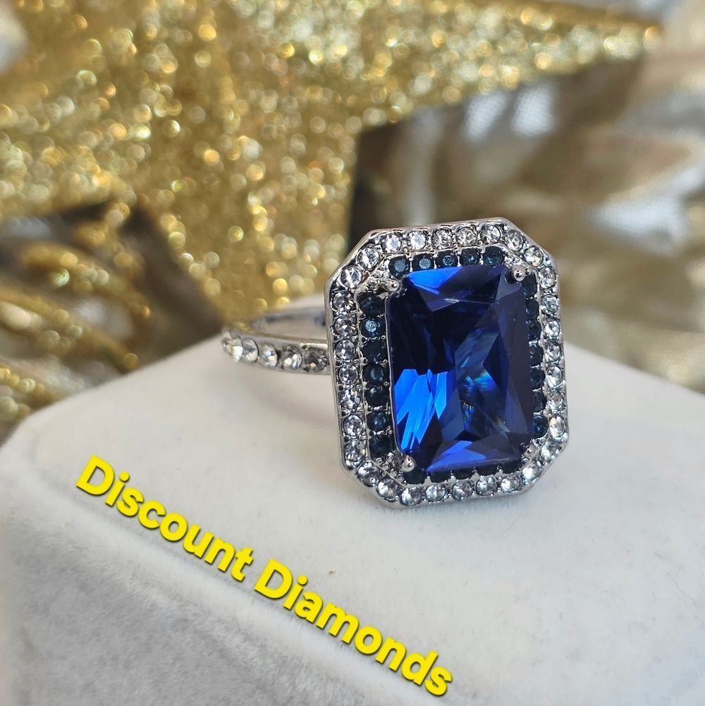 Princess Cut Blue Sapphire & White Baguette Diamond Ring on 925 Sterling Silver